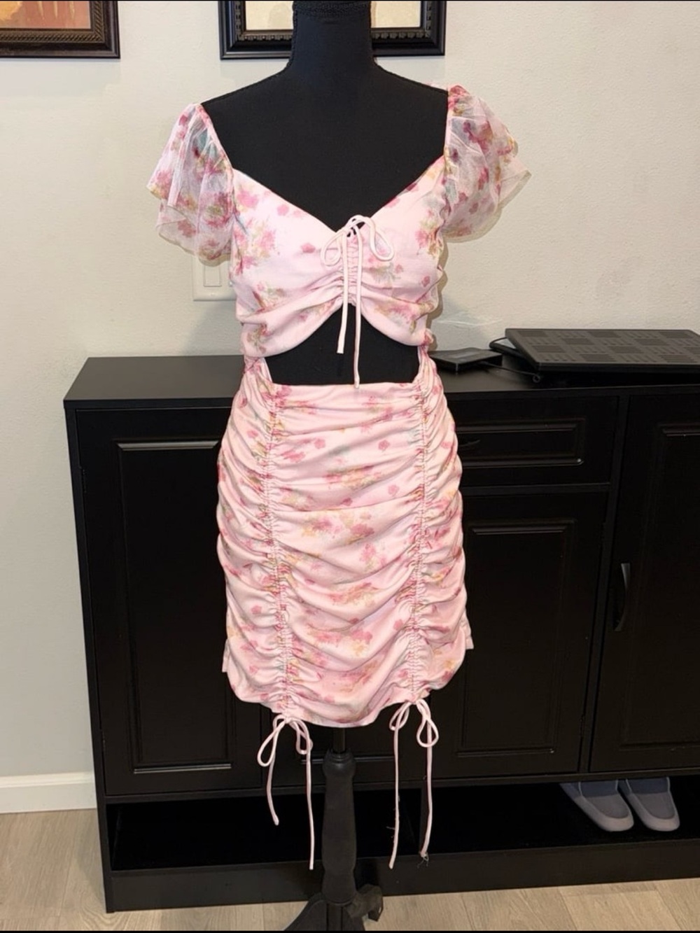 Contenta Pink Floral Ruched Tie-Front Dress